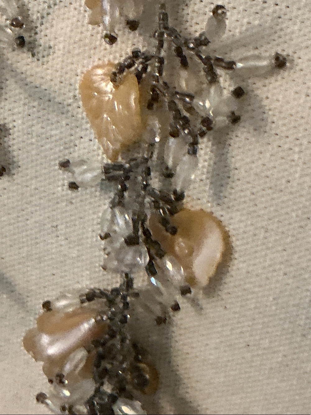 1920’s Shoulder Sweep 8” Cream & Silver Beaded Glass Floral Accent Earrings - Picture 11 of 12